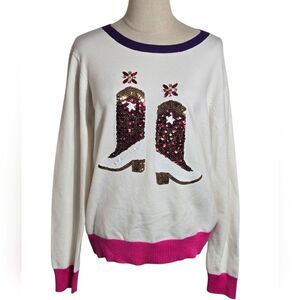 WHY White and Pink Cowboy Boot Sweater with Sequin Boots NWT